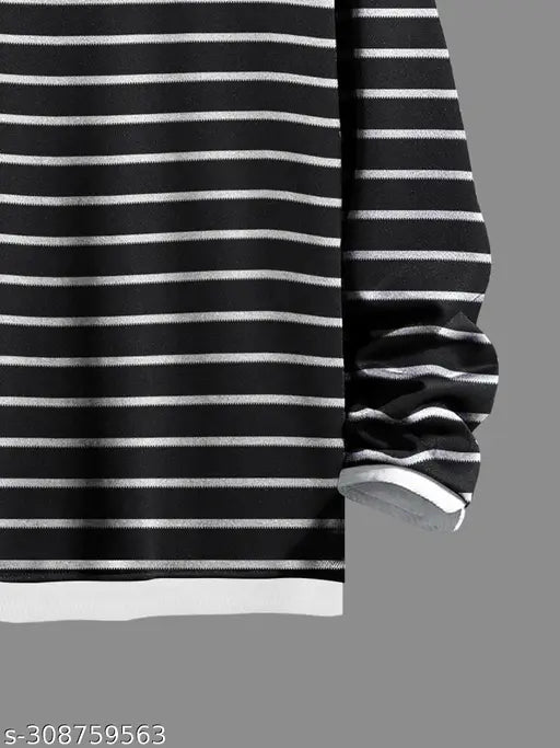 Black and white striped cotton-blend men's slim fit polo t-shirt on hanger