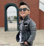 Black denim jacket, short hair, sunglasses