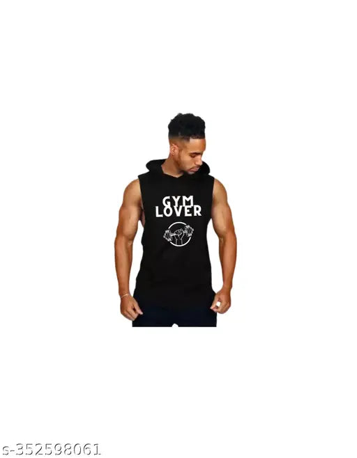 Black colorblocked sleeveless polyester SportsGym T-shirt for men by Fabstieve, gym-inspired print