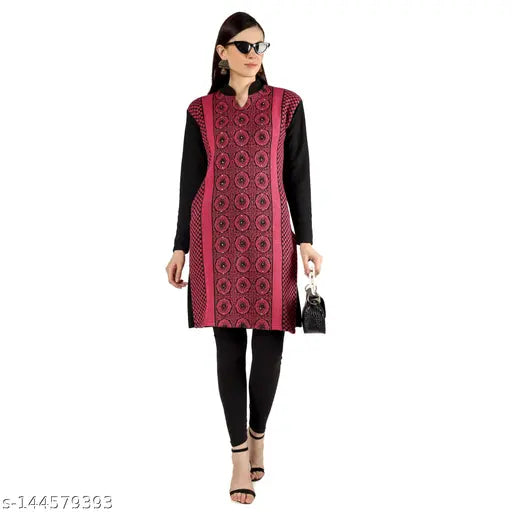 Woolen magenta kurta, long sleeves, front pocket, waist belt
