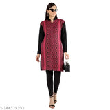 Woolen magenta kurta, long sleeves, front pocket, waist belt