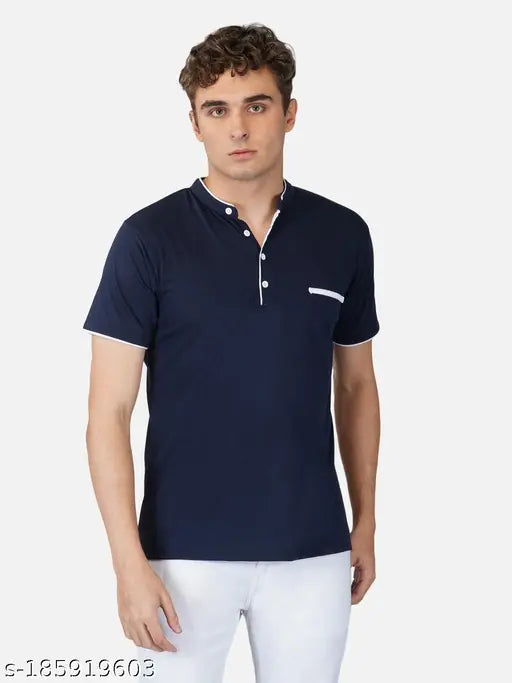 Cotton China collar retro t-shirt, solid pattern, short sleeves, vintage style from India