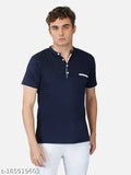 Cotton China collar retro t-shirt, solid pattern, short sleeves, vintage style from India