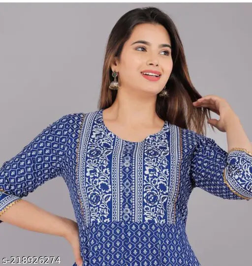 Royal blue printed kameez kurta dress woman's long sleeve crew neck