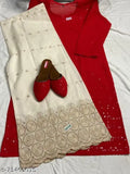 Red Chikankari cotton kurta with Palazzos, embellished net embroidery, three-quarter sleeves, ready-to-wear partywear for women, India origin