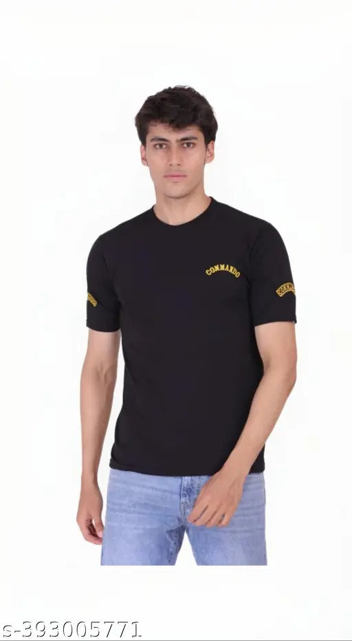 Army yellow half commando print cotton blend t-shirt for men on mannequin, solid pattern and short sleeves