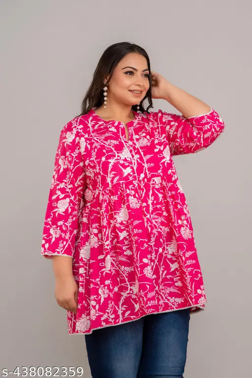 Plus size rayon pink short kurti, flared pattern, trendy printed design from Fashion Zest