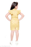 Embellished net polyester mini party dress, 5-12 years sizes, shoulder frill and transparent belt, glitter stretch fabric, lining and zipper back, handwork flower on neck, India origin