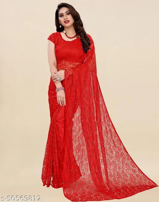 Red dyed net saree with embroidered pattern, SIRIL Rasel style from India