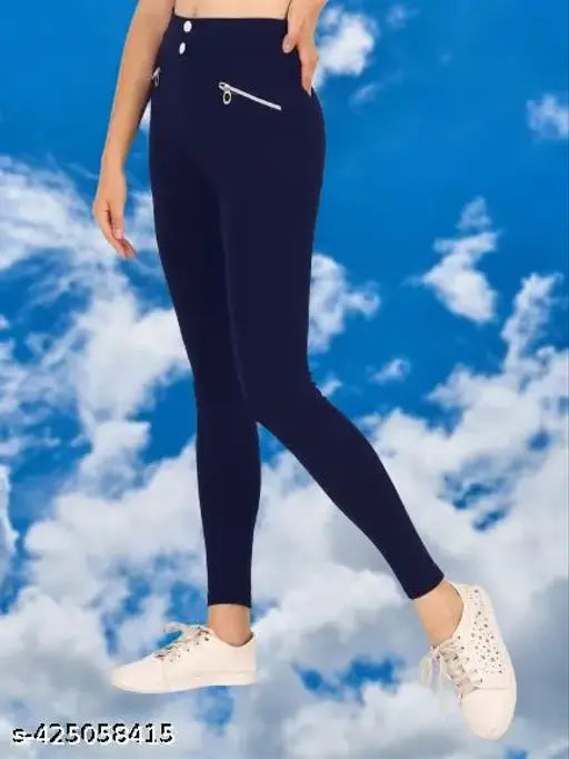 Navy Blue Chain Pocket Jegging by TIPKOO - Women's & Girls polyester jegging with solid net pattern, featuring stylish chain detailing and a navy blue color. Made for comfort and style, designed to fit perfectly and move with you. Available in sizes S, M, L, XL, XXL, originating from India
