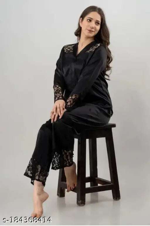 Black satin long sleeve night suit with lace design, all-day wearable for women's sleepwear or loungewear. Two-piece set featuring a pyjama top and bottom made in India (Free Size: Top Bust 36", Top Length 28", Bottom Waist 34", Bottom Length 26"; Free Size: Top Bust 24", Top Length 34", Bottom Waist 32", Bottom Length 24")