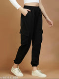 Black elasticated pants with drawstring waistband, wide legs, side pockets