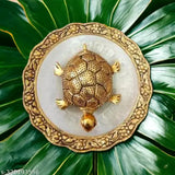 Golden Metal Tortoise on Glass Plate Decorative Showpiece - Aluminum-glass, gold brass decorative platter for Vastu home decor (14cm x 10cm x 1.5cm)