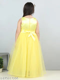 Yellow sequined net gown for kids party wear, embellished with toy balloon motifs on a full-length dress