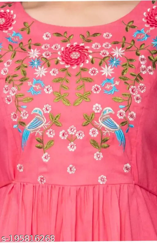 Aline kurta, pink viscose rayon, long sleeves, embroidered birds on neckline