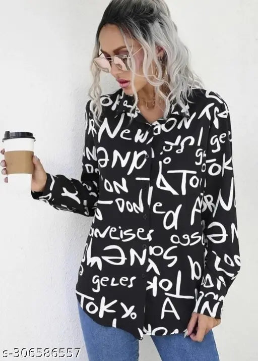 Long-sleeve crepe printed shirt (XS/S/M/L), stylish women's fashion from India