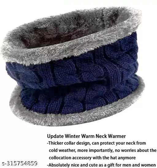 Blue thick fleece winter beanie, wool lining, scarf neck, hat, muffler, 100% cotton