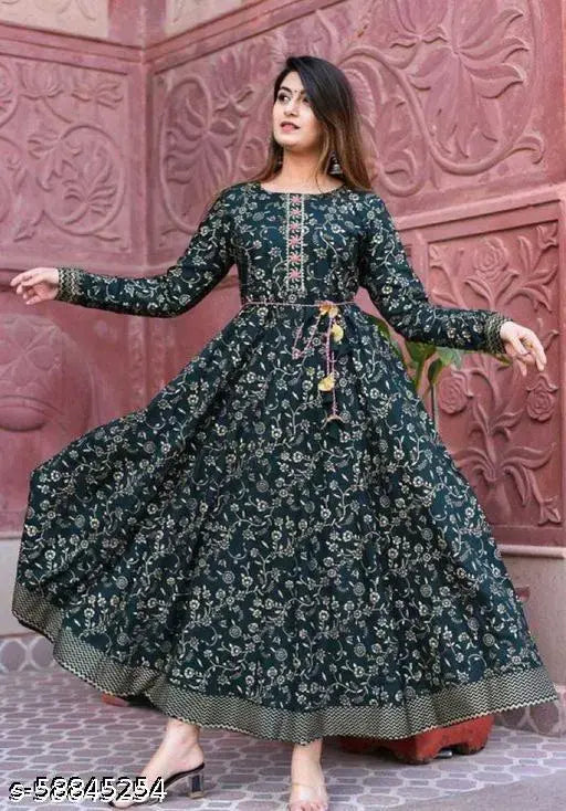 Rayon anarkali long kurti with printed combo, great for festivals and parties (S: bust 36in, length 52in)