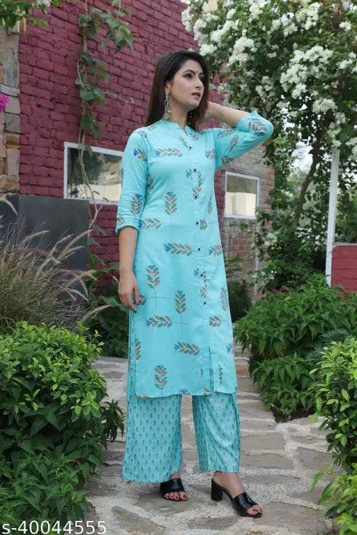 Rayon embroidered kurta with palazzos, Indian printed net design, three-quarter sleeves, available in M, L, XL, XXL
