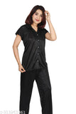 Black satin nightsuit set for women, loose-fitting satin pyjama with full sleeves, hand washable nightwear