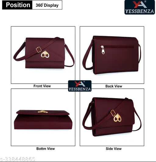 A variety of maroon sling bags with heart-shaped accents, presented in a grid format