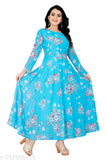 Georgette flower print long kurti-gown, stylish and smart, round neck, long sleeves, digital printed georgette fabric" (107 characters)
