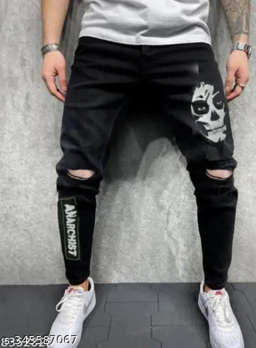 Black cotton man jeans with skull print, party wear and casual style - available in sizes 28, 30, 32 (Waist 28-34in, Length 40in)