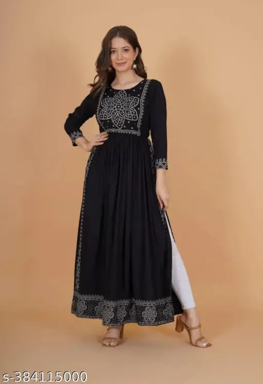 Rayon three-quarter sleeve Aline kurta, printed combo on model, Indian traditional women's fashion