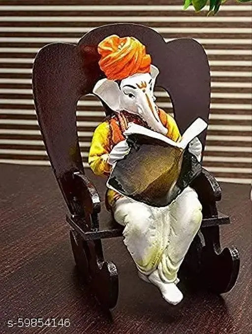 White polyresin Ganesh Idol, 21.5 cm x 16 cm x 13.5 cm, Indian handicraft, Hindu figurine showpiece for decor
