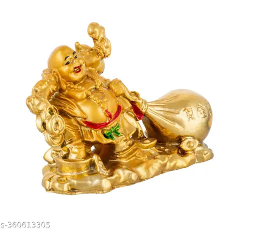 Golden polyclay Laughing Buddha Drag The Money Potli (10cmx4cmx8cm) - Indian artifact for car showpiece symbolizing wealth, good luck, and prosperity