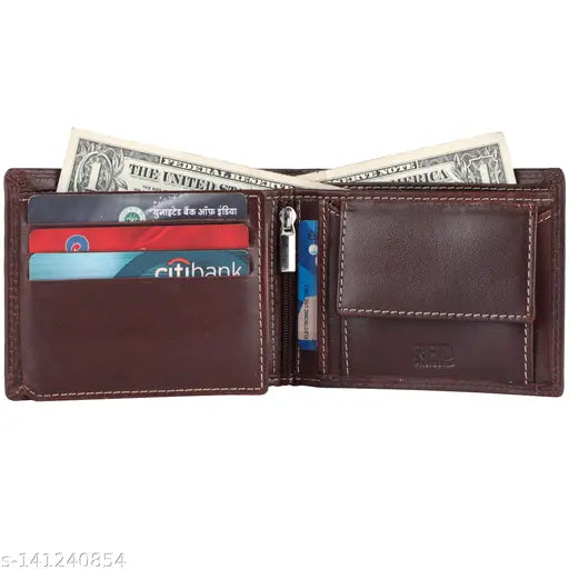 Brown leather RFID blocking men's wallet with 6 card slots, bi-fold design, credit & debit card pockets, currency compartment, coin pocket. 100% genuine leather, slim for easy carry