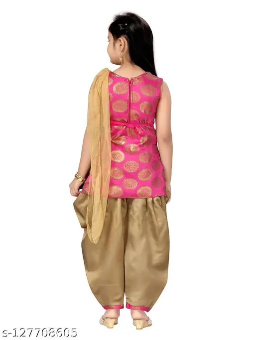 Beige silk salwar suit set for girls, sleeveless printed kurta with net dupatta on display