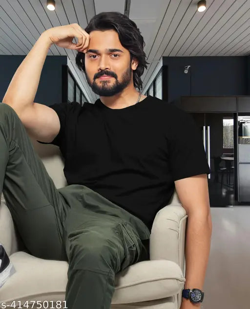 Black Lycra t-shirt, round neck, unisex style by UneeQ for men and women. Solid color with short sleeves, available in sizes S to XXL. Made in India