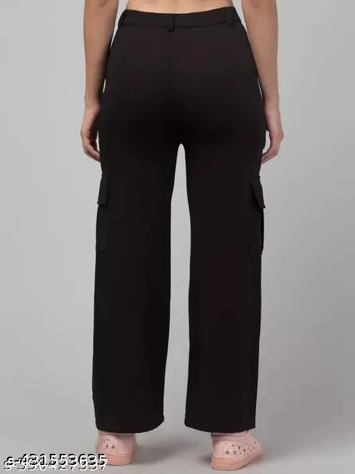Black cargo pants with side pockets, elastic waistband, and slit at the ankle