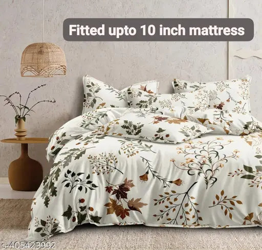 Glace cotton king size elastic fitted double bedsheet with 2 pillow covers, botanical print for adult use, fits up to 10 inch mattresses - summer essential from India