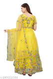 Yellow net embroidered gown, semi-stitched with three-quarter sleeves and short sleeves, free size for bust 44 inches, Indian origin
