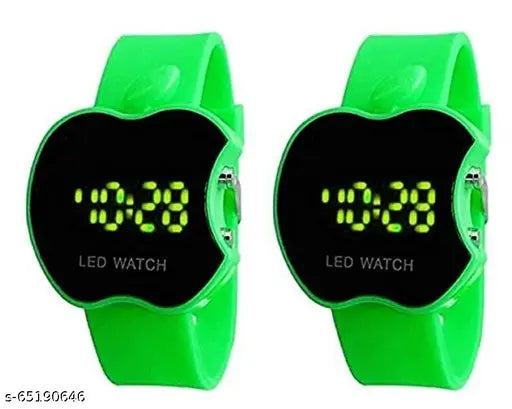Digital watch with green strap, black face, glowing numbers and hands, shaped like an apple, designed for boys or girls