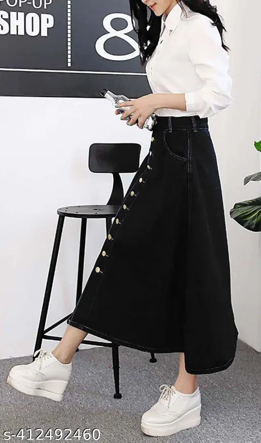 Black denim maxi skirt, lightweight & breathable, A-line silhouette, trendy for all seasons