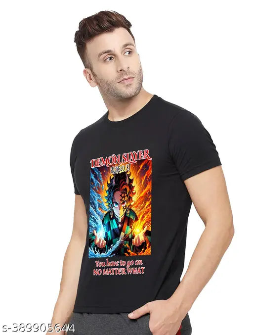 Black Demon Slayer Tenjiro Kamado print round neck cotton T-shirt, regular fit, short sleeves - men's fashion essential from Yilden India