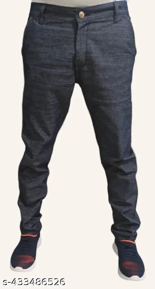 Men's solid denim jeans, India-made, available in sizes 28, 30, 32, 34, 36, and 38 (waist: 28in, length: 42in, hip: 28in, 30in, 32in, 34in, 36in, 38in respectively)