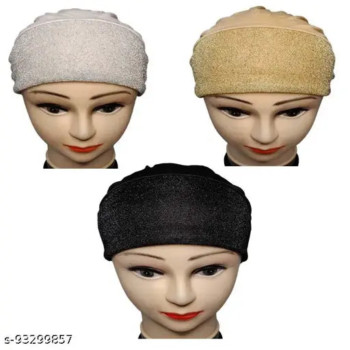 Hijab cap set with three different shimmery colors: black, brown, and gold