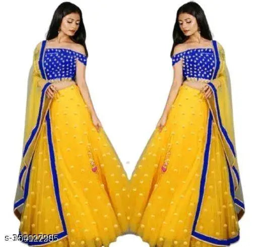 Embroidered Bollywood-inspired net lehenga set with lace dupatta and embroidered blouse, free size, semi stitched or unstitched Indian bridal wear on display
