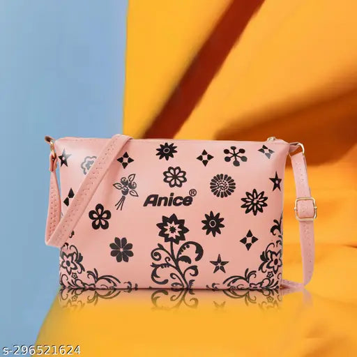 Pink floral side sling bag with a black zipper