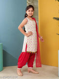 Aarika Girls White Georgette Kurta Sets with Embroidered ThreadMirror & Lace Border, size 4-5 years
