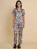Grey panda print satin night suit for women, featuring half sleeves, notch collar, and elastic waistband, made from soft silk satin