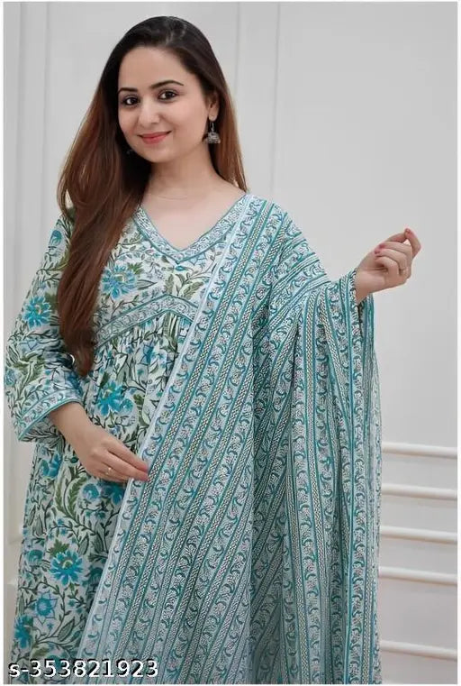 Premium printed Rayon Slub Aliya Cut women's kurti pant with duppatta and bottomwear, vibrant Indian fashion on mannequin (XS-4XL)