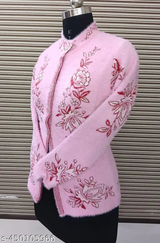 Women's fancy cardigan, self-design knitted pattern, long sleeves, wool fabric, size M (Bust 34in, Length 24in), winter wear