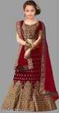 Red taffeta silk Lehenga Choli wedding wear for kids, embellished with embroidered zari work and heavy brocade fabric. Traditional Indian party wear for ages 4-15 years