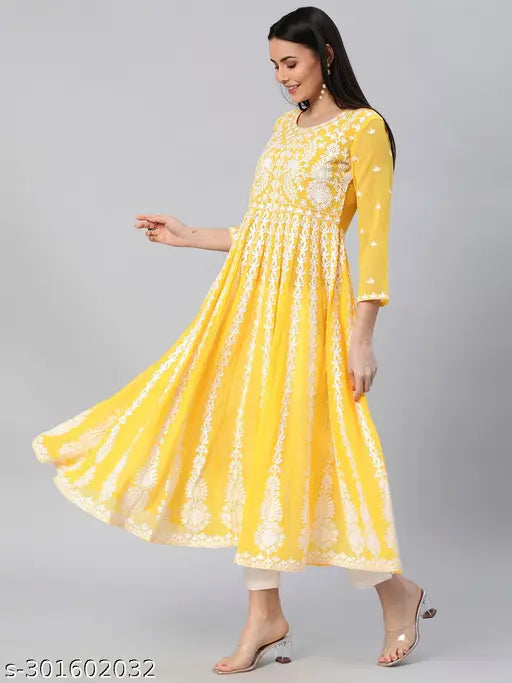 Yellow embroidered Chikankari Georgette Anarkali Kurta on display, poly georgette, three-quarter sleeves, Indira Fashion women's size S-XXL