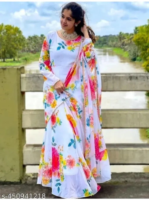 Floral printed Anarkali kurtis and dupatta set, traditional ethnic wear for weddings and parties. Georgette fabric, long sleeves, available in S, M, L, XL, XXL